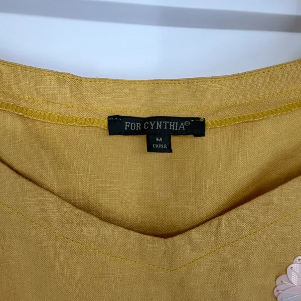 For Cynthia Womens Mustard Yellow Linen Blend Embroidered Floral Dress Size M‎ - Image 4