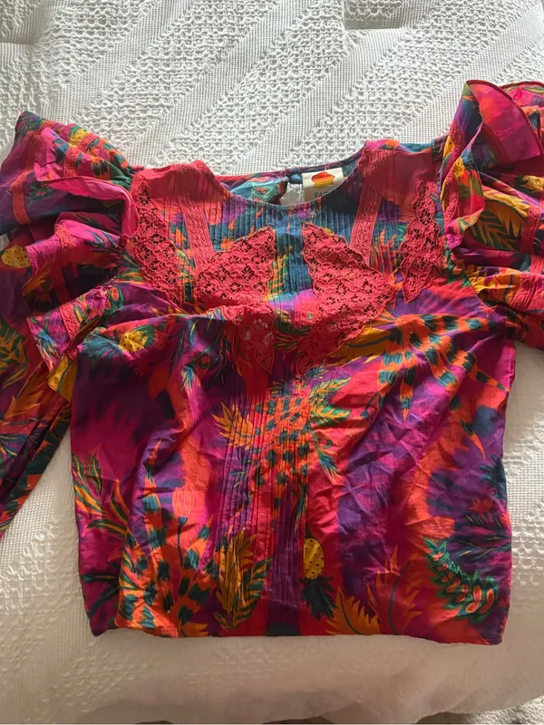 FARM Rio Red Pink Orange Floral Ruffled Puff-Sleeve Blouse - Image 4