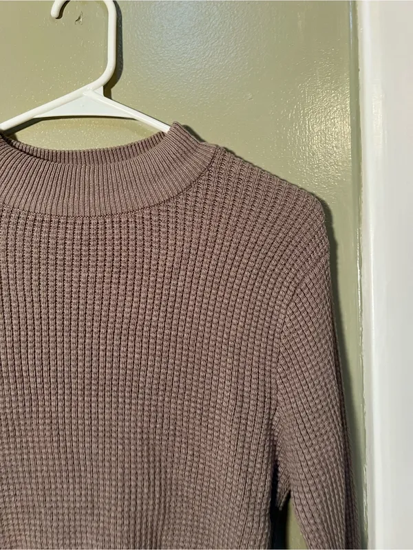 Garage Women’s Sz Large Mock Neck Sweater Cropped Light Brown Waffle Knit Cotton - Image 4