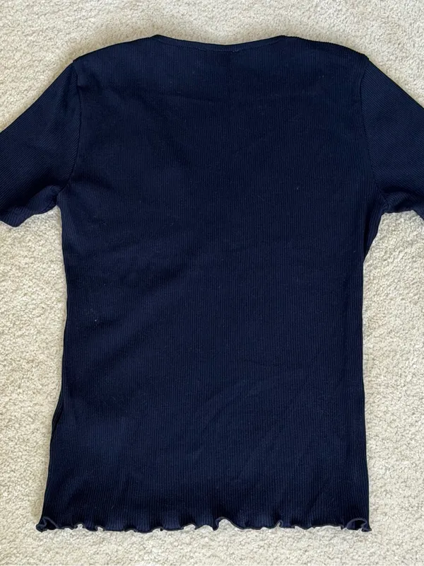 Madewell Lace Trim V-neck Top Ribbed Short Sleeve Tee Midnight Navy Size M NEW - Image 5