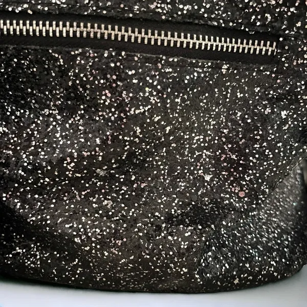 Black Glitter Faux Leather Mini Backpack with Pom-Pom Charm & Zippered Pockets - Image 9