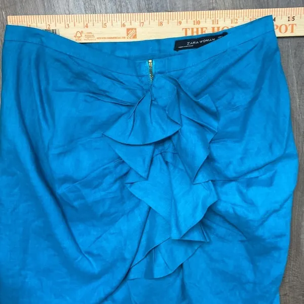 Zara Women’s Teal Linen Ruffle Midi Skirt Size Small - Image 4