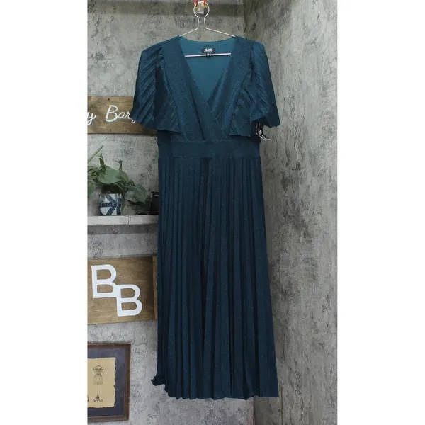 NWT SLNY Womens Lurex Surplice Neck Pleated Dress 9128105 Spruce Green 4 - Image 3