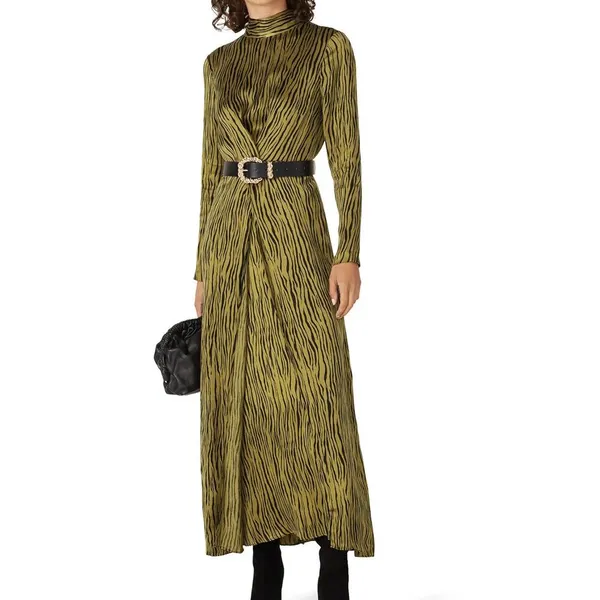 Petersyn Womens XS Zuma Maxi Dress Green Black Satin Print Mock Neck Long Sleeve - Image 2