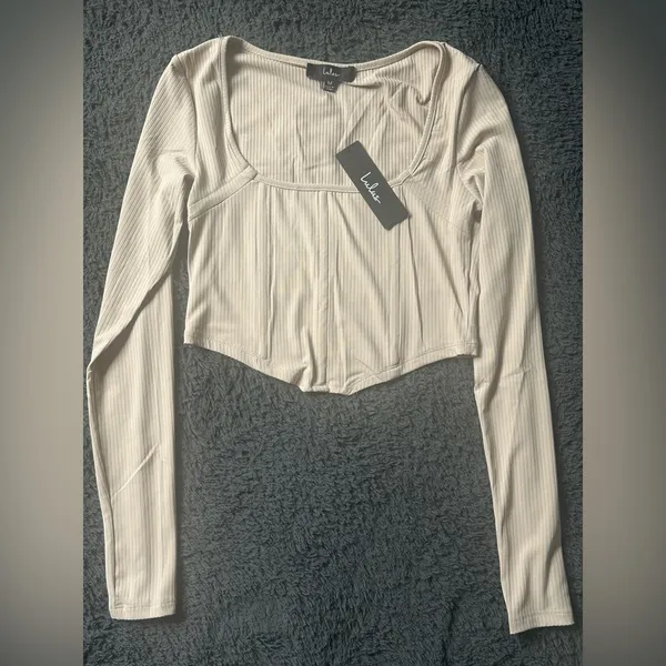 Lulus Flair for the Flirty Beige Ribbed Long Sleeve Bustier Crop Top Medium nude - Image 2