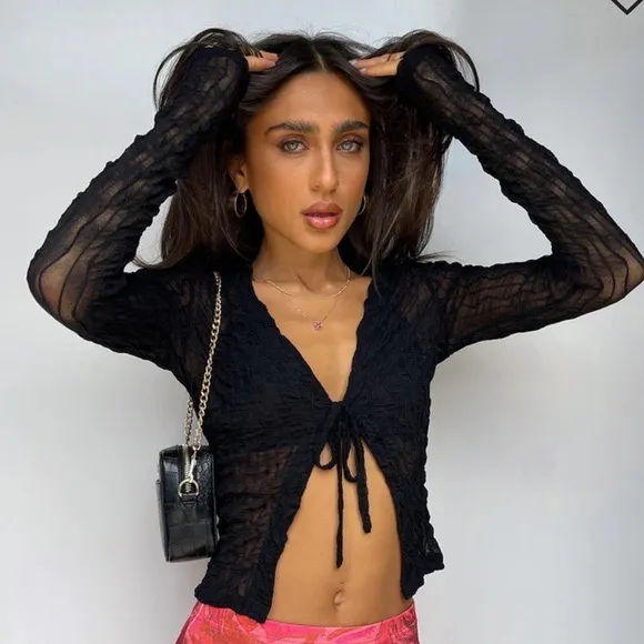 Princess Polly Long Sleeve Black Mesh Top - Image 2
