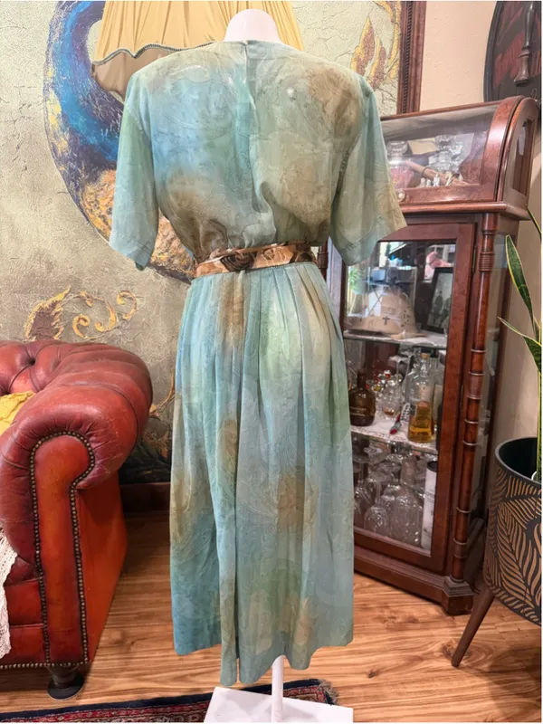 Vintage 80s 90s Bohemian Earthy Green Paisley Midi Dress with Tie Waist S M - Image 5