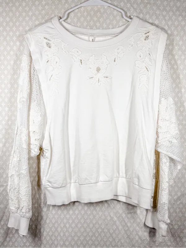 Anthropologie White Lace Floral Mesh Long Sleeve‎ Sweatshirt - Image 2