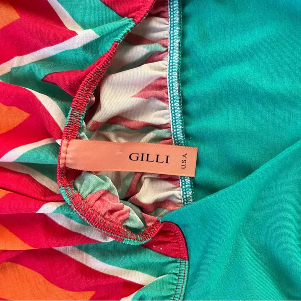 Gilli Turquoise Strapless Maxi Dress with Chevron Coral and Orange Accents Small - Image 4