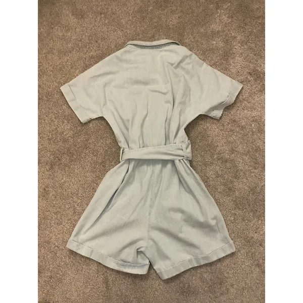 VICI Belted Chambray Cotton Romper Button Front Collared Light Blue Women's, S - Image 7