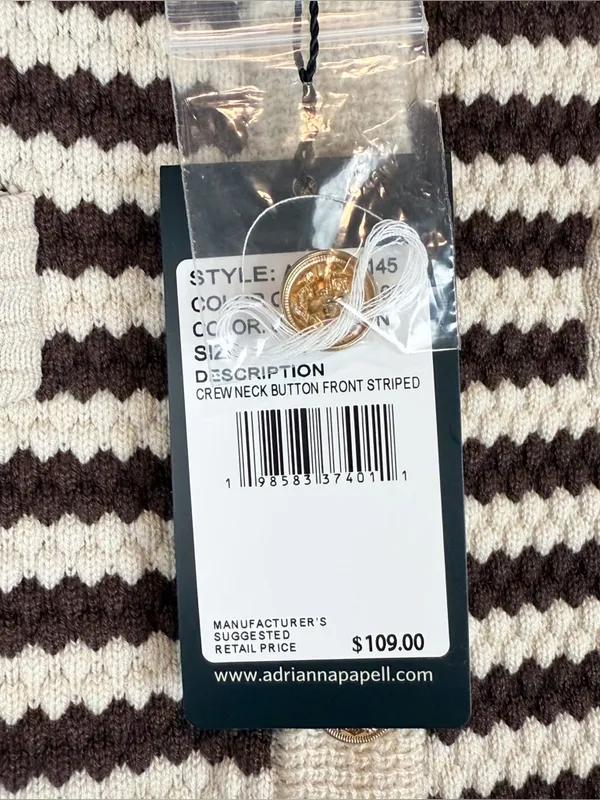 NWT Adrianna Papell Button Front‎ Striped Pointelle Cardigan Sweater Cream Brown - Image 5