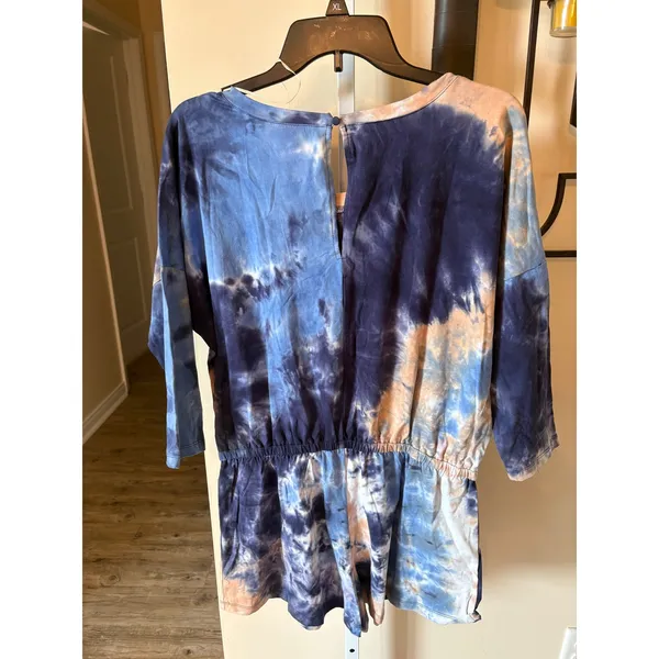 Umgee Blue Peach Tie Dye Romper Womens Large 3/4 Sleeve Keyhole Back NWT - Image 6