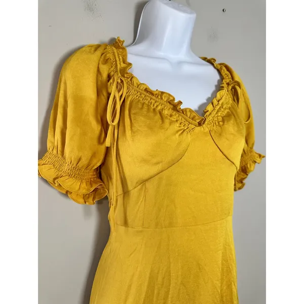 Farrow Yellow Satin Ruffle Tie Neck‎ Midi Dress Size M - Image 3