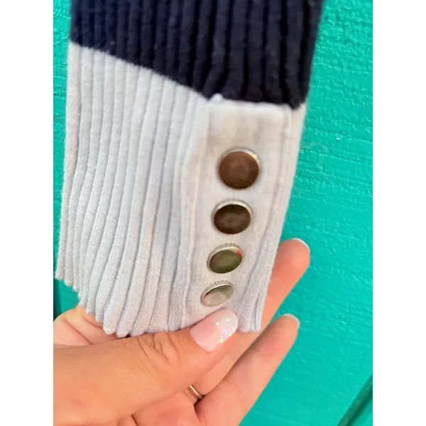 Striped Ribbed Knit Long Sleeve Top Nautical Button‎ Detail Navy White L - Image 3