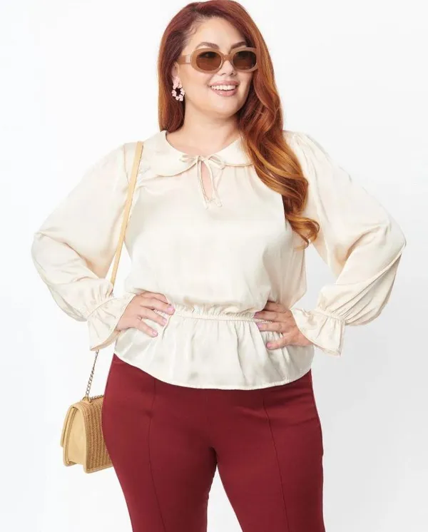 Unique Vintage NWT Champagne Satin Peplum Blouse X-LARGE - Image 2