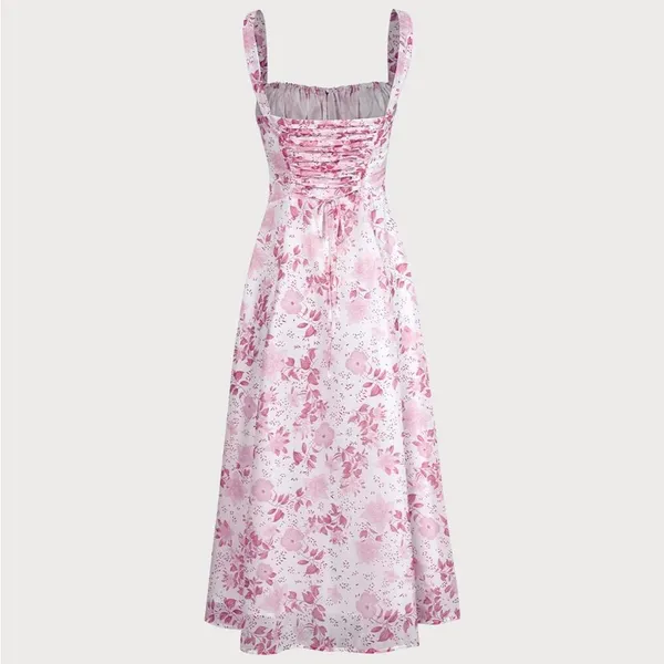 RIHOAS The Pink Square Neck Floral Ruched Midi Dress 15 - Image 7