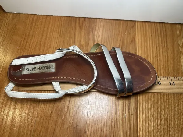 Steve Madden Sandals Womens Silver Metallic White Strappy Slingback Open Toe - Image 9