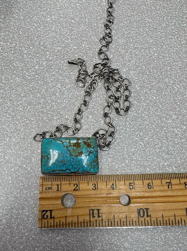 Authentic Navajo Sterling Silver Turquoise Necklace by P. Skeets – Spiderweb Matrix - Image 4