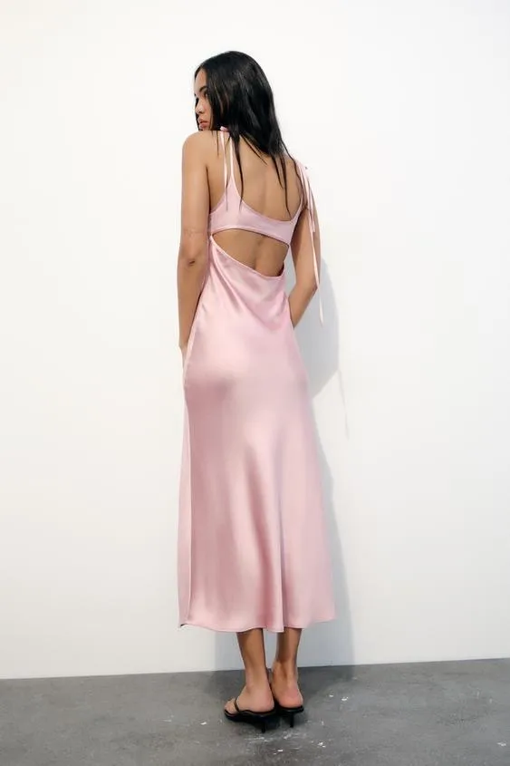 Zara dress maxi satin effect slip dusty pink tied wedding party evening - Image 16