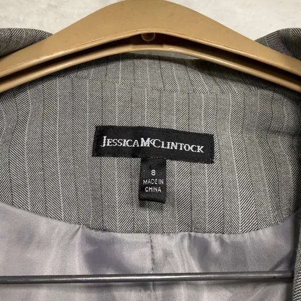 Jessica McClintock 8 Pinstripe Grey Blazer Black Trim Tailored Office Career Y2K - Image 9