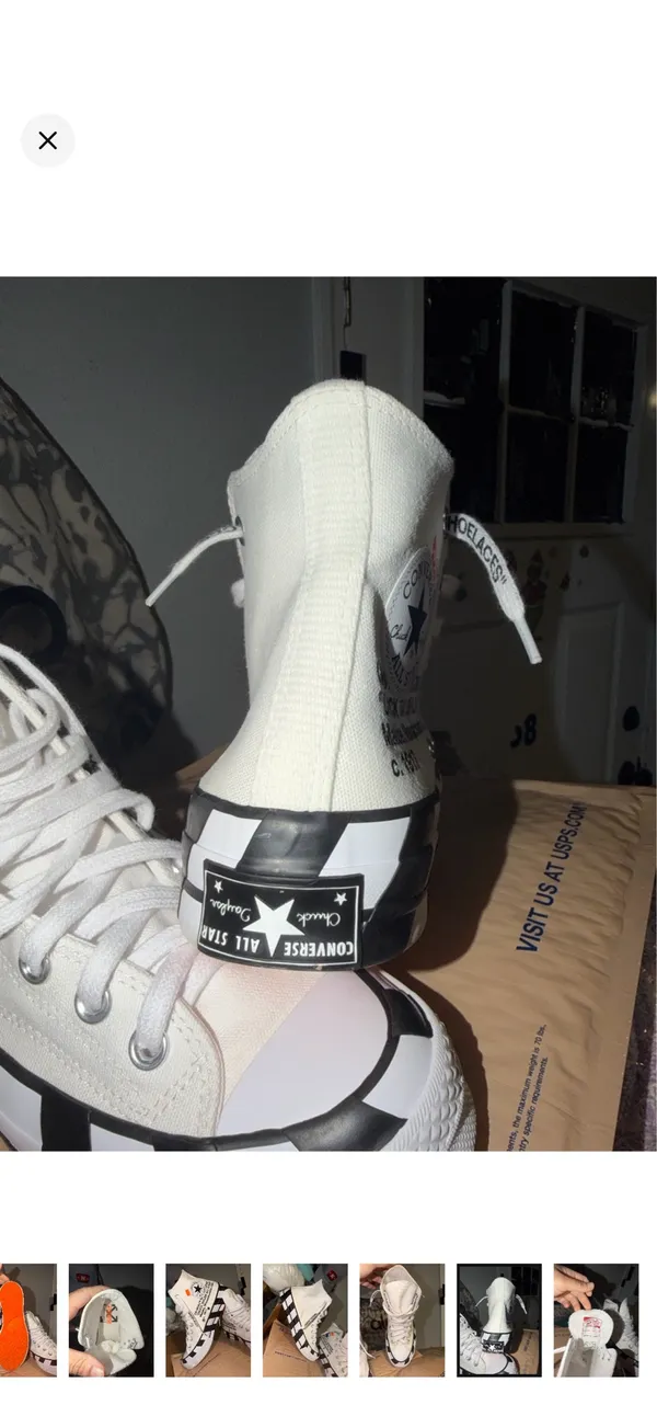 Converse White High-Top Sneakers with Black Checkerboard and Orange Tabs - Image 7