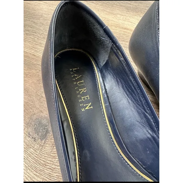 Ralph Lauren Madison Wedge Buckle Slip On Blue Peep Toe Shoes Women's Sz 8.5B‎ - Image 5