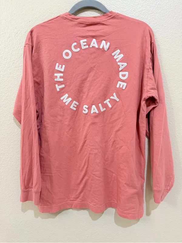 VS PINK The Ocean Made Me Salty Long Sleeve Pocket Campus Tee Salmon Peach M - Image 2
