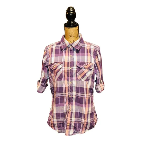 Carhartt Shirt L 3/4 Roll Tab Sleeve Pockets Button Up Plaid - Image 2