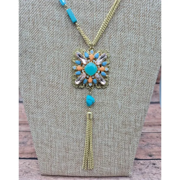 Gold Tone Multi Chain Long Pendant Necklace Tassel Accent Rhinestones 32" - Image 7
