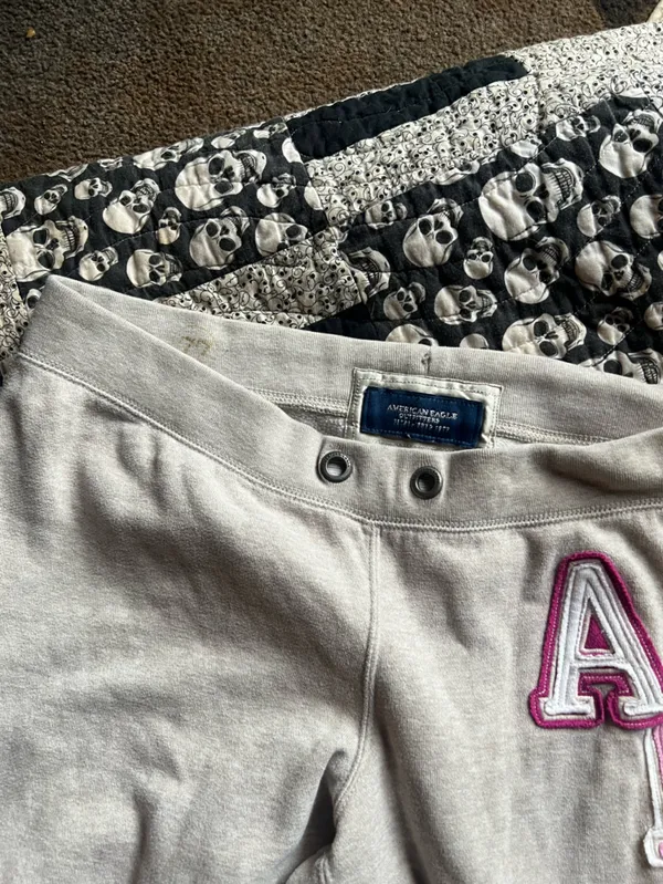 American Eagle Outfitters Light Gray Track Pants with Pink AE Patch - Image 3