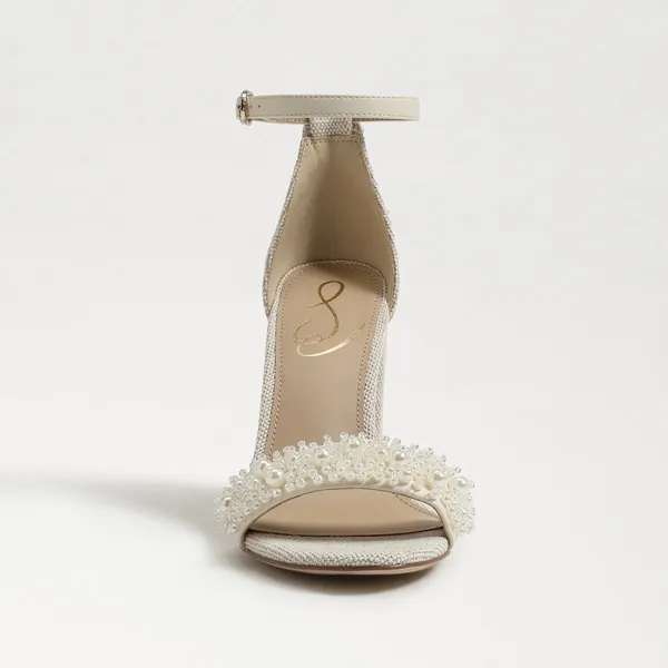 NEW Sam Edelman Sz‎ 8Yaro Perla Open Toe Silk Tweed 4” Dazzling Heels Tan - Image 3