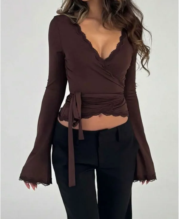 Shein Brown Wrap Top Chocolate Tie Around - Image 2