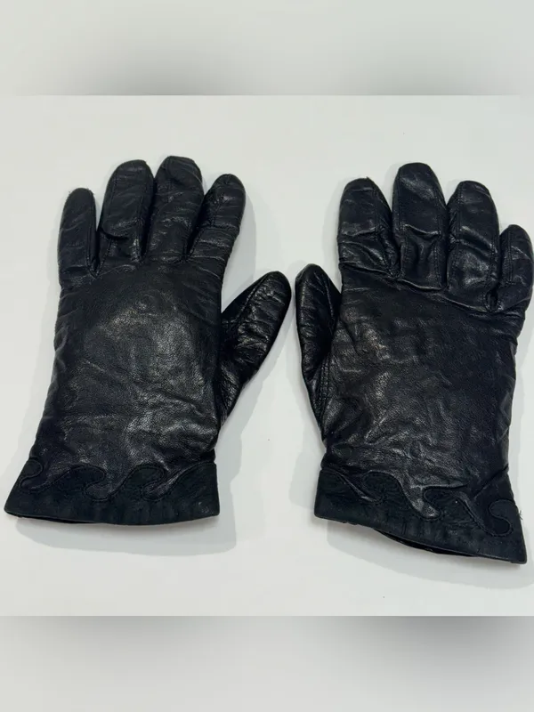 Italian Black Leather Suede Appliqué Gloves Cashmere Blend Lined 7.5 - Image 2