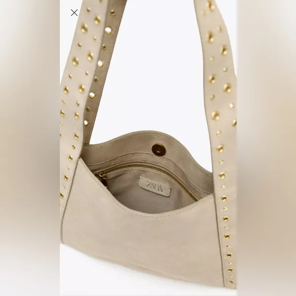 Zara 100% cow leather Elegant‎ Beige Studded Women's Bag - Image 4