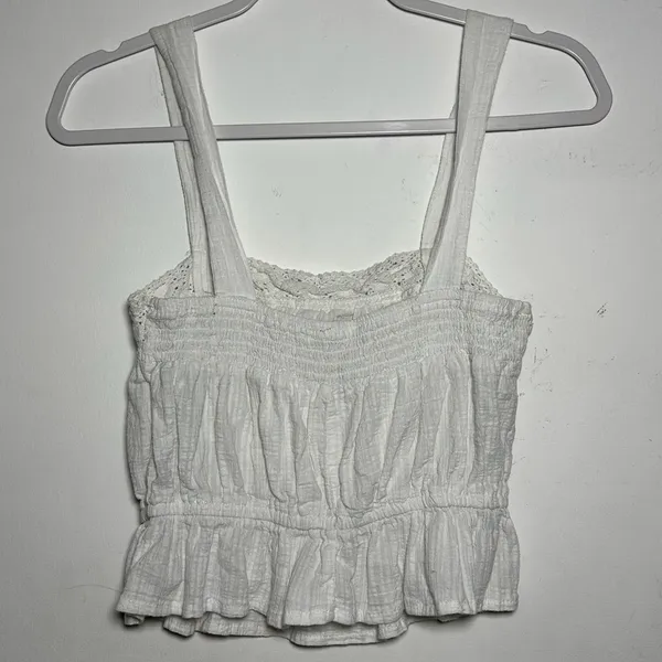 White Smocked Crochet Trim Peplum Crop‎ Tank Top Women XS - Image 2