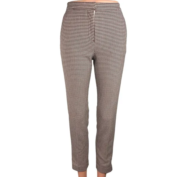H&M Women's Brown Houndstooth Plaid Flat Front Crop Skinny Career Pants Size 0 - Image 2