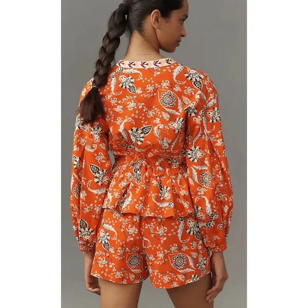 Farm Rio Anthropologie Long Sleeve Romper Red Orange Floral Cotton $228 NWT - Image 2
