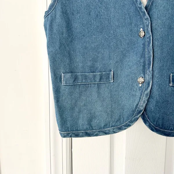 Metro Express Vintage Denim Chambray Red Plaid Flannel Back Button Vest L 14/16 - Image 3