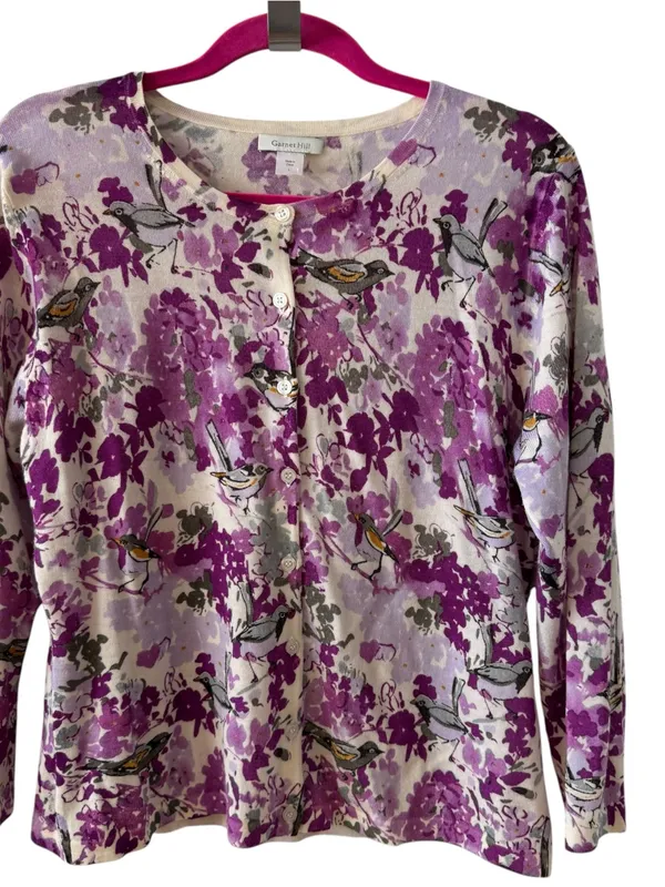 Garnet Hill Merino Wool Floral Bird Cardigan Purple Size Large - Image 10