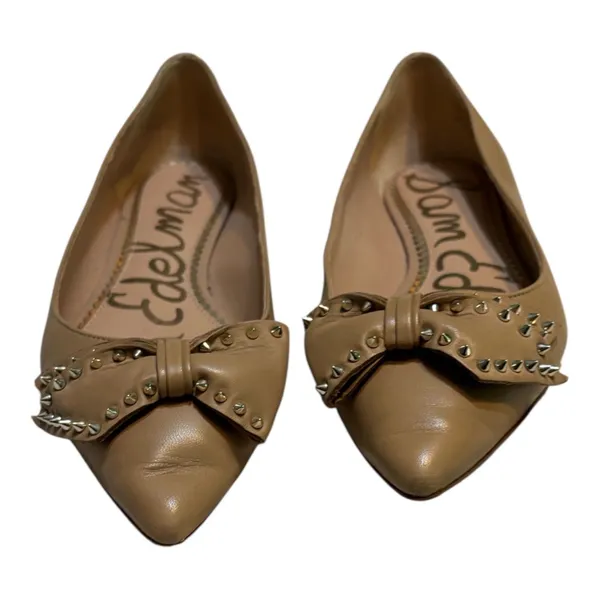 Sam Edelman Studded Bow Pointed Toe Flats Tan Leather Size 7.5 - Image 9