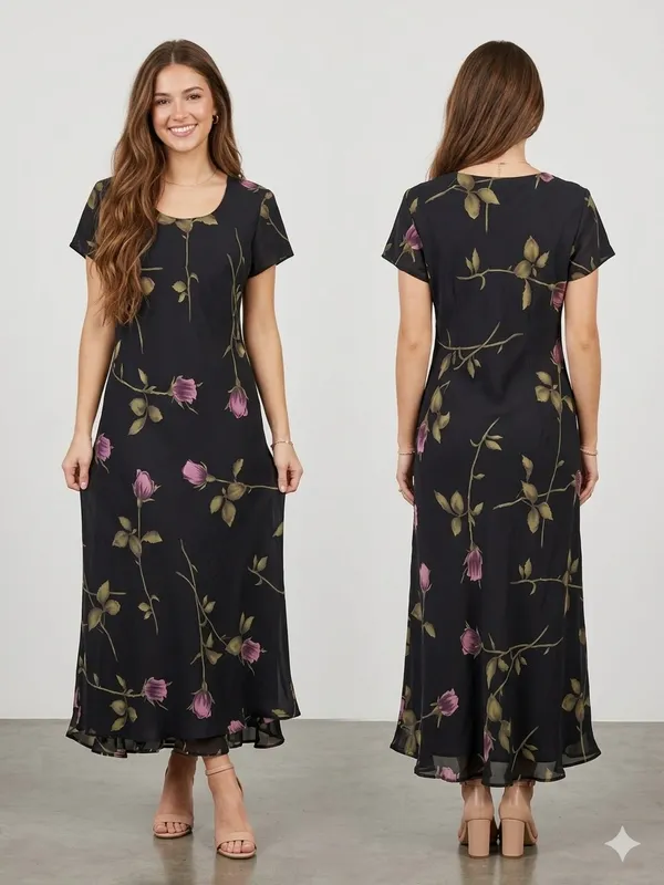 Jessica Howard Black Pink Rose Floral Short Sleeve Maxi Gown Dress Vintage - Image 2