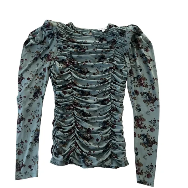 Anthropologie Current Air Women's Floral Ruched Long Sleeved‎ Mesh Blouse Small - Image 5
