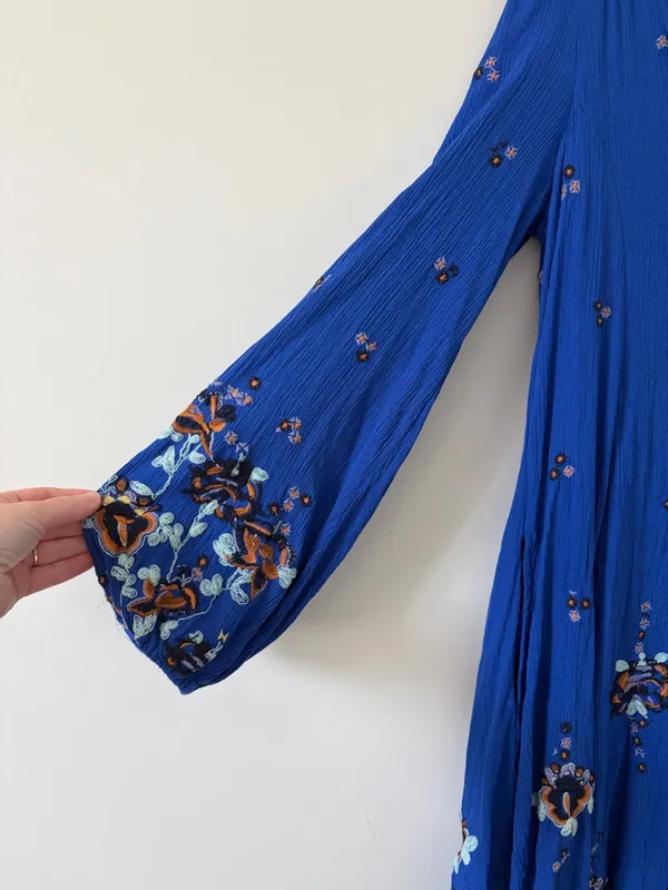 Free People Oxford Embroidered Cobalt Blue Long Sleeve Baby Doll Boho Dress M - Image 2