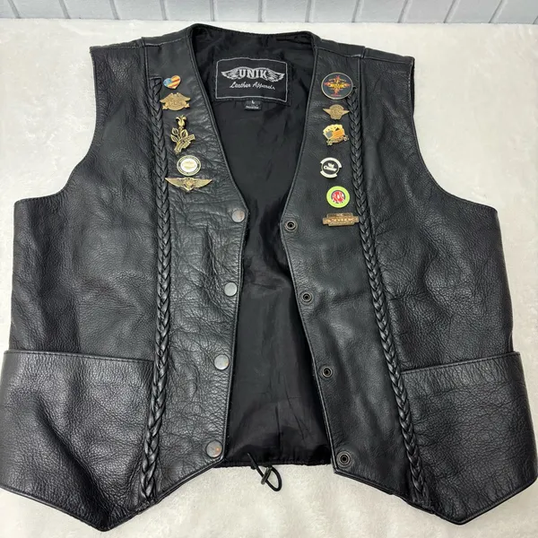 Unik Vintage Motorcycle Black Leather Vest with Unique Pins Size L‎ - Image 7