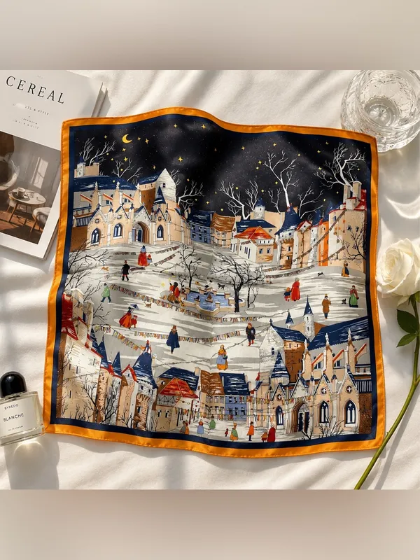 100% Silk Parisian Village Print Square Scarf Blue Orange Vintage Style - Image 3