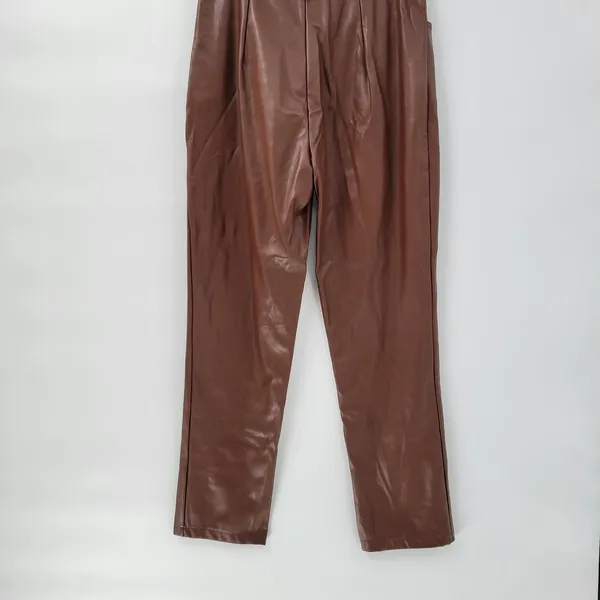 Faux Leather Pants Medium Brown High Waist Straight Leg Zip Casual Chic Club - Image 9