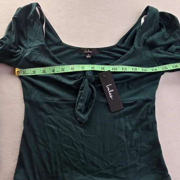Lulus NWT 39R Forest Green Sweetheart Tie Front Long Bishop Sleeve‎ Bodysuit M - Image 7