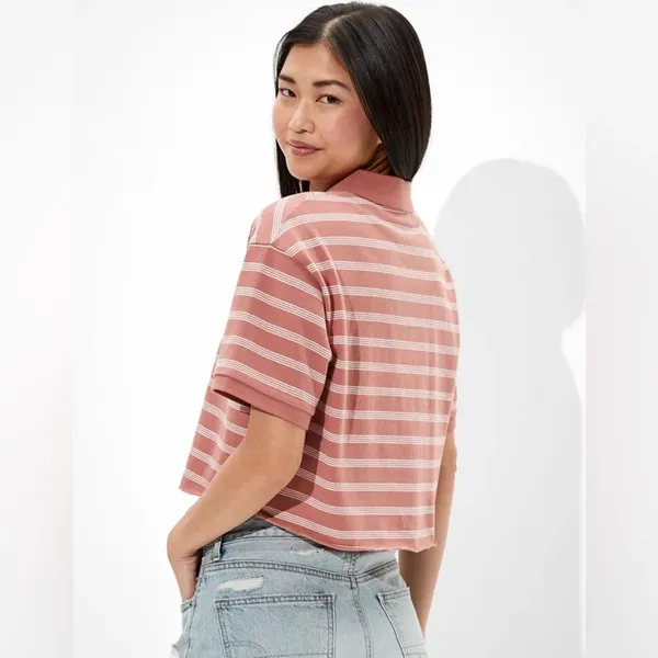American Eagle Salmon‎ Pink and White Striped Cropped Polo Shirt - Image 7