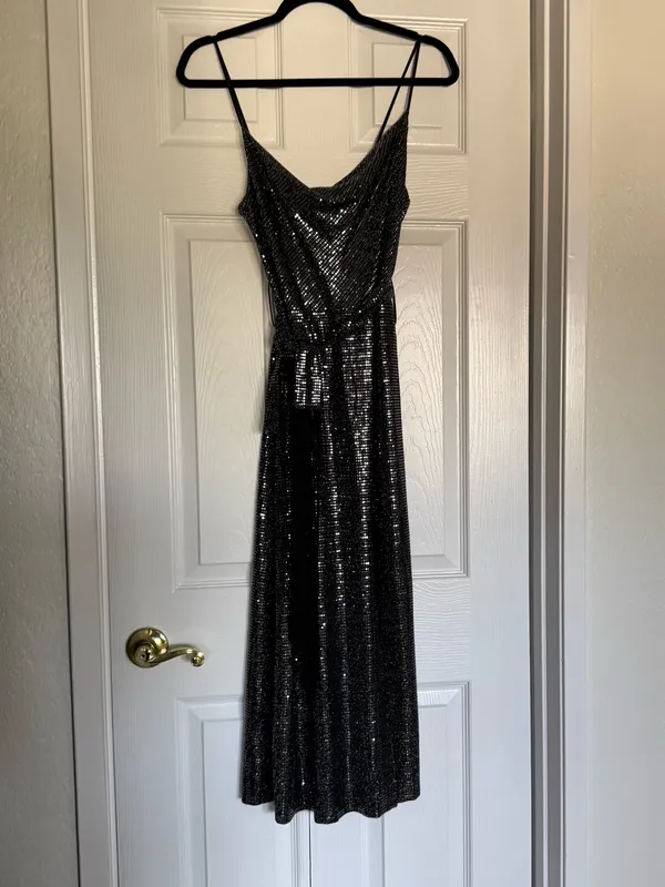 NWT Zara Silver Sequin Midi Dress With Fringed Belt and Side Slit - Image 6