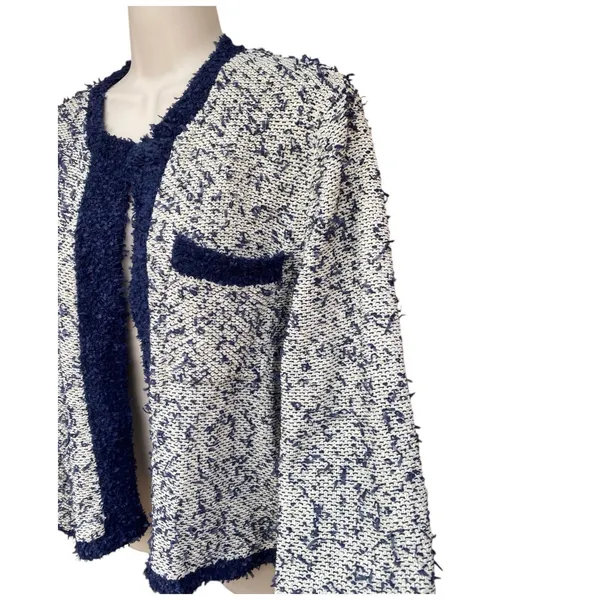 J.Crew Sz M contrast tweed white Navy Open front cropped jacket blazer cardigan - Image 6